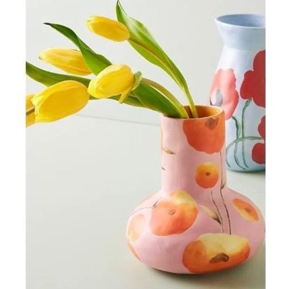 Anthropologie Benni Kenny A Sunday Painter Pink Floral Ceramic Vase Gold Accents - Picture 9 of 9